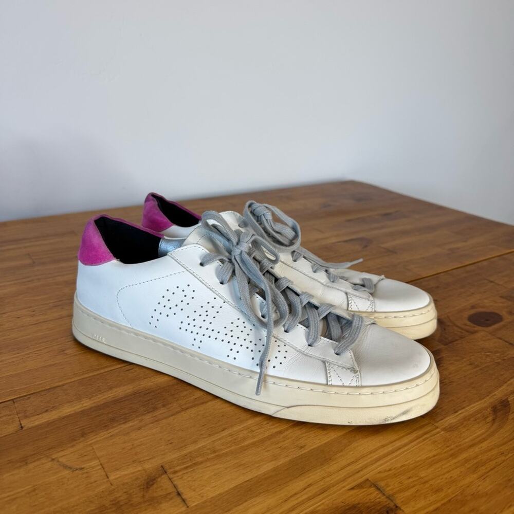 P448 White Leather Pink Suede Lace Up Sneakers Shoes Size 41